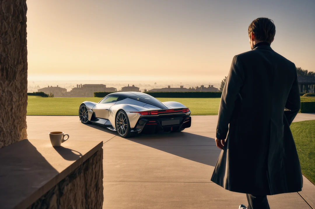 An older man sits on a bench near a tree, while a yellow-top cart and a woman walking by are visible amid shops and a tractor in the busy outdoor area—where even hypercars might catch an onlooker’s eye.