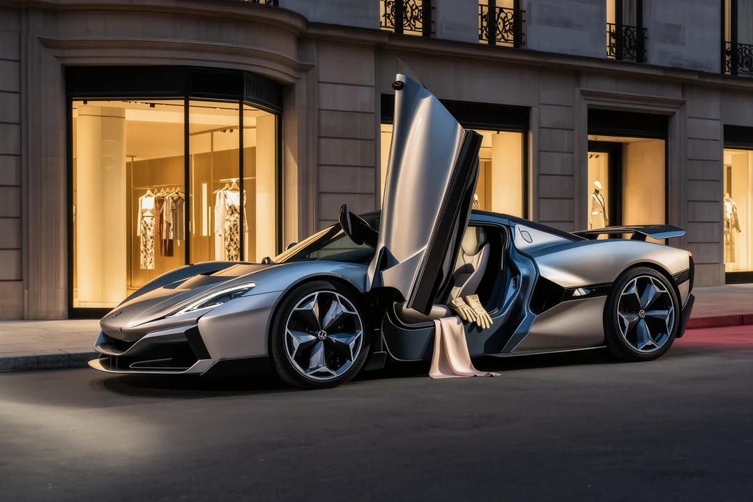A group of people stand in front of a white wall with large black text reading, "ITEMS: IS FASHION MODERN?"—a scene as sleek and bold as hypercars themselves—followed by smaller, unreadable text below.