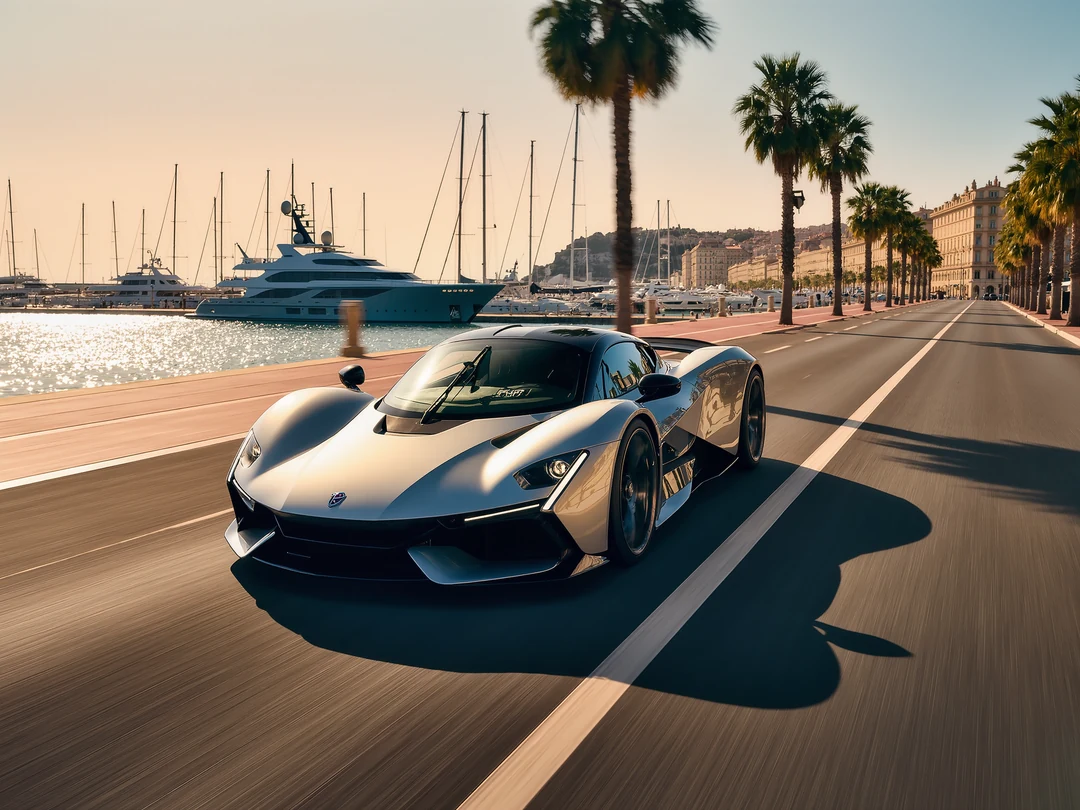 A purple hypercar with a large rear wing is driving at high speed on a racetrack, the blurred background emphasizing its incredible motion.