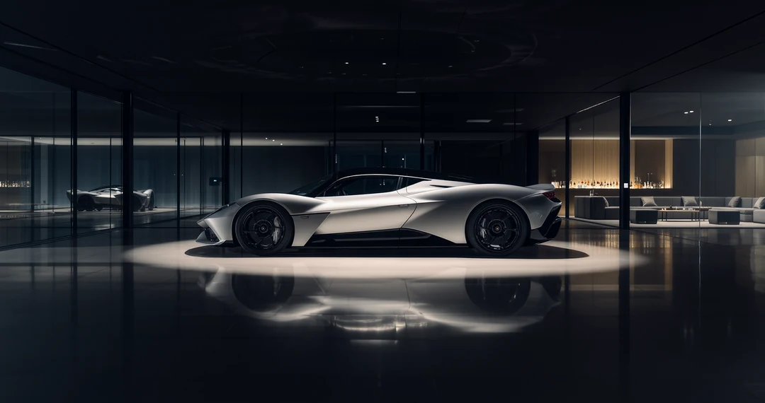 A white hypercar with a sleek, aerodynamic design is parked indoors on a dark floor against a plain wall.