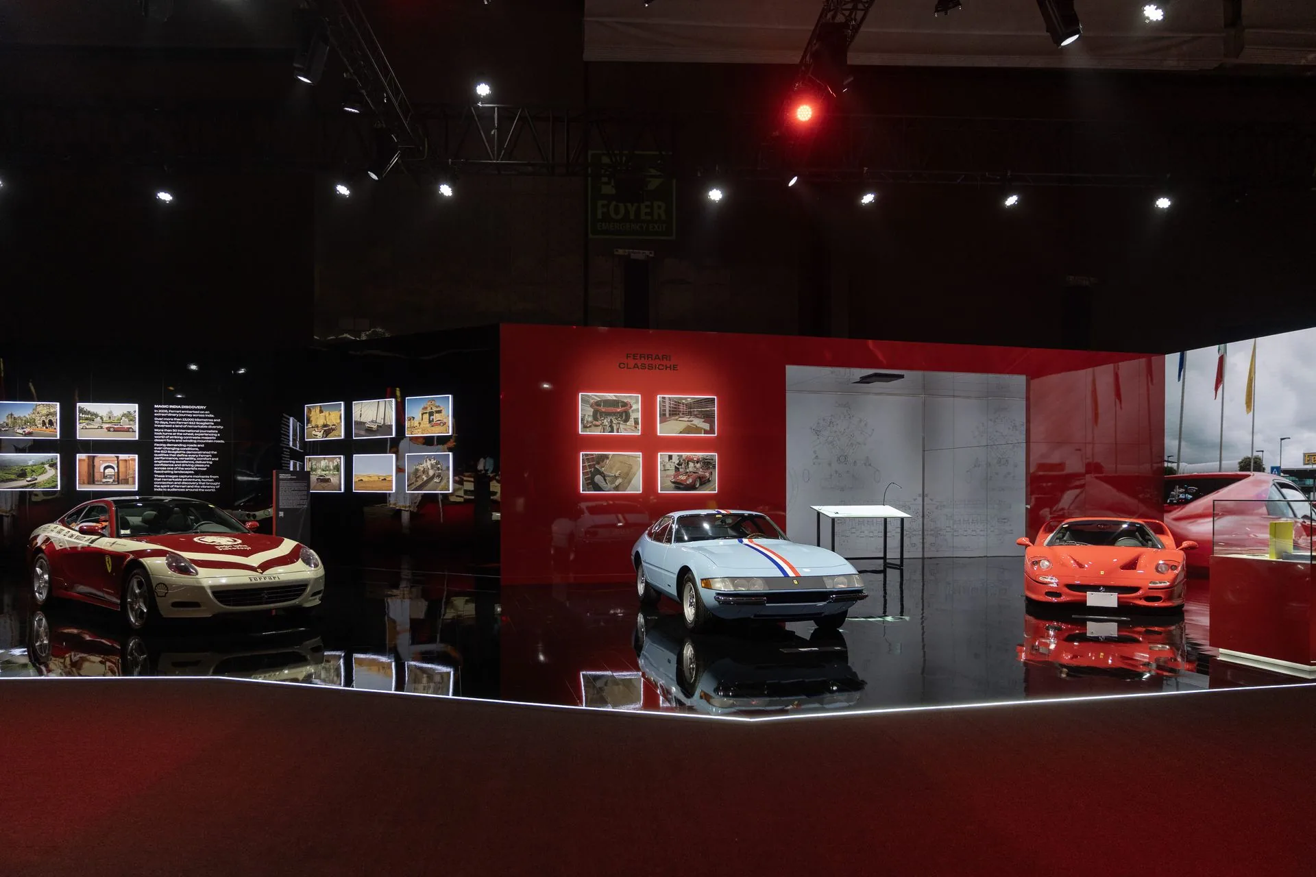 Ferrari Classiche area with the 612 Scaglietti, the 365 GTB4 and the F50