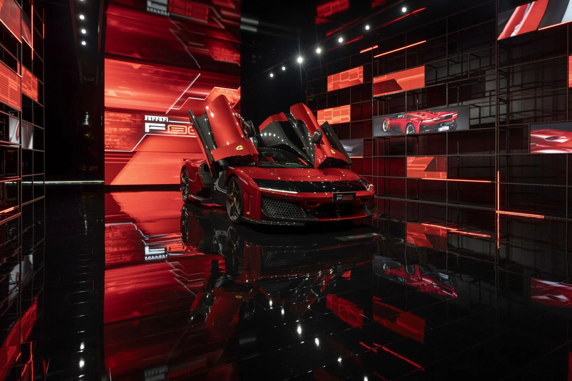 Ferrari F80 with its doors open at Universo Ferrari in New Delhi