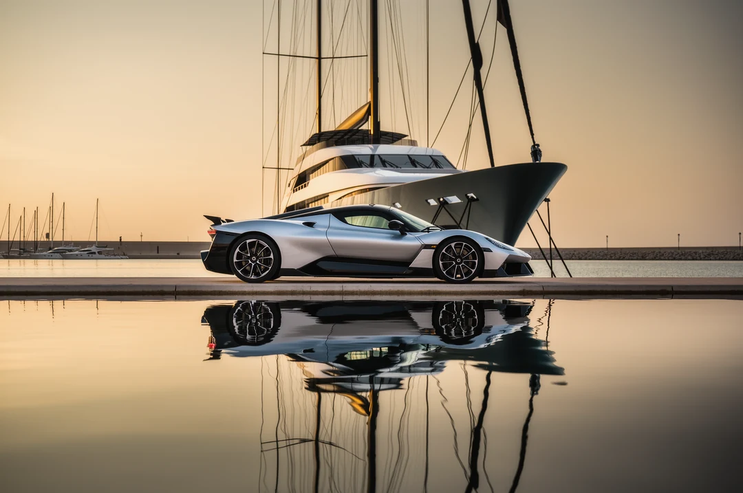 A large white yacht is docked at a concrete pier next to a parked white car, with calm blue water surrounding the pier—echoing the luxury of hypercars in motionless elegance.