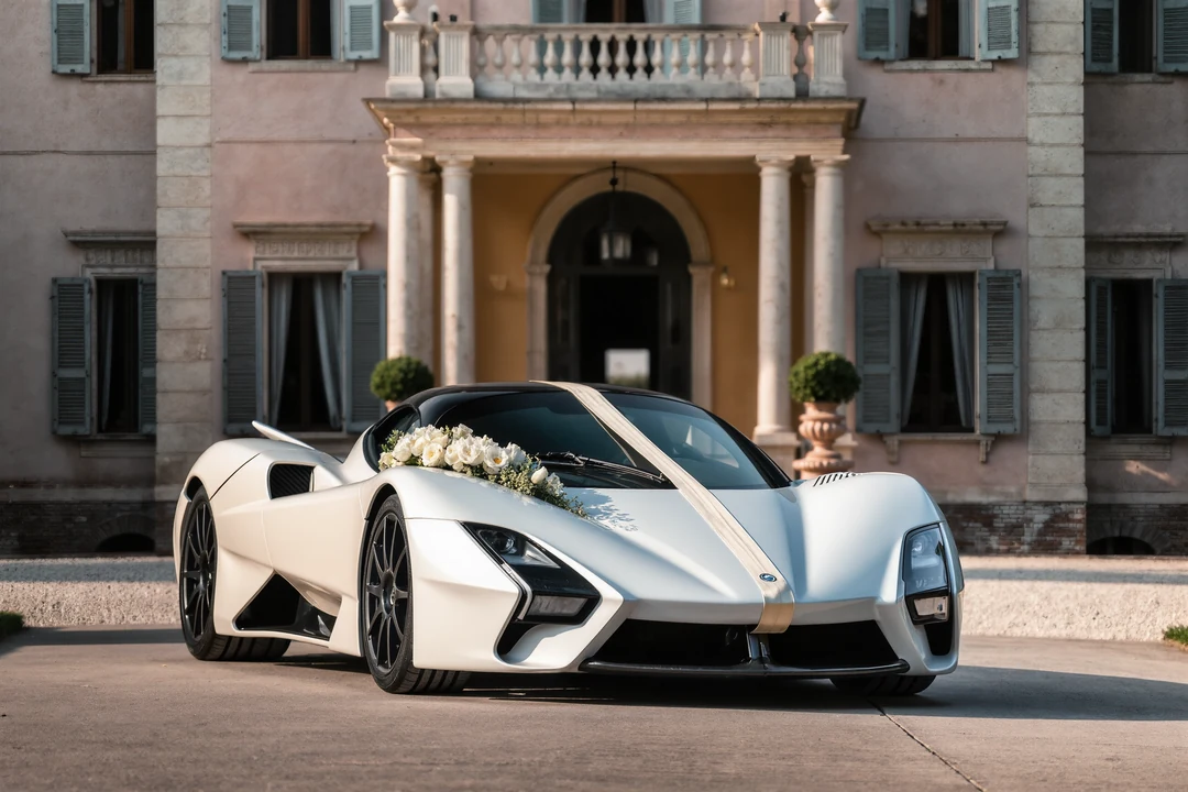A hypercar with custom paint featuring an animal graphic on the side is parked on a brick road near a metal railing and outdoor seating area.