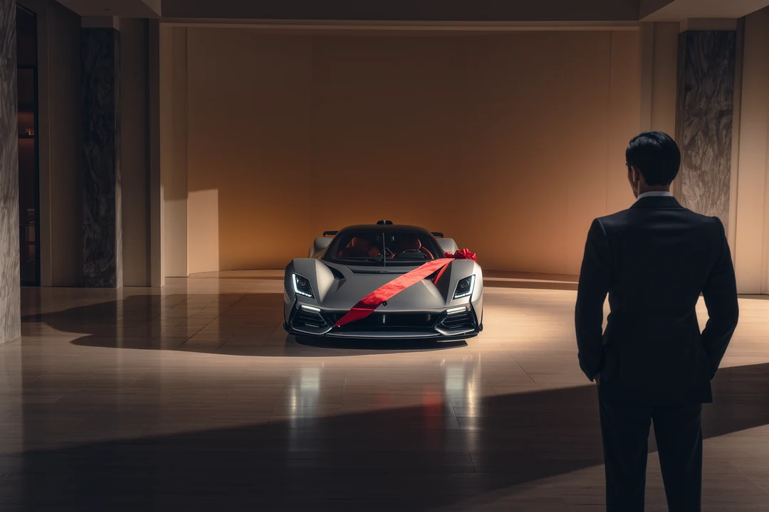 A black and orange hypercar speeds along a mountain road near a building, with another car in the background and hills stretching into the distance.
