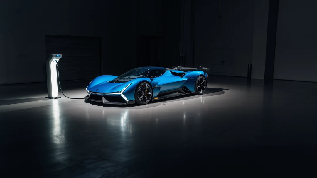 Close-up of the front side of a shiny blue hypercar, showcasing its sleek headlight, wheel design, and part of the door.